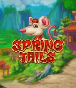 A whimsical illustration of a white rat dressed in traditional Chinese attire standing in a scenic mountain backdrop. The image represents the Spring Tails game by Betsoft, highlighted with prominent gold and red logo lettering.