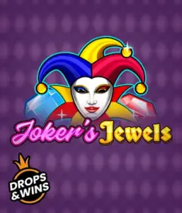 Experience the colorful world of the Joker's Jewels game by Pragmatic Play, showcasing a charming joker's mask embellished with a vivid jester hat. This image captures the fun and excitement of casino gaming, set against a deep purple background. Great for casino game enthusiasts, offering a delightful gaming experience. 