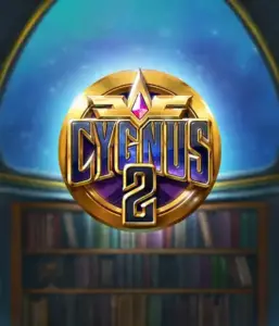 Discover the enchanting artwork of ELK Studios' Cygnus 2 Slot, featuring a luxurious logo with a vibrant design in purple and gold. Positioned against a celestial library setting, this graphic captures the essence of mystical exploration. 